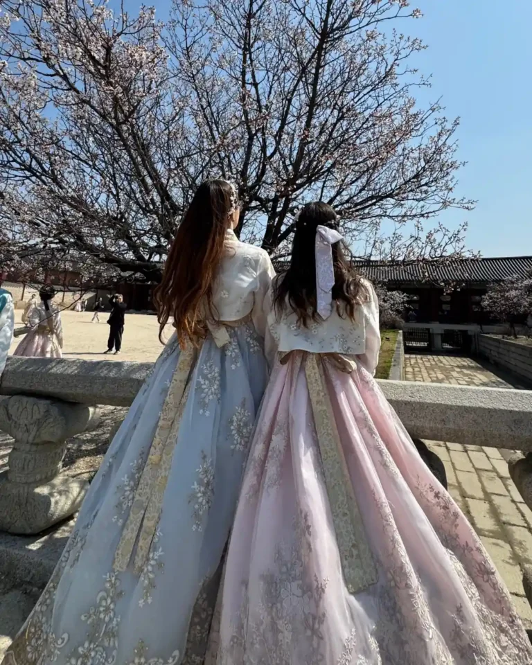 Deux amies à Séoul en Corée du Sud, habillée en robe traditionnelle